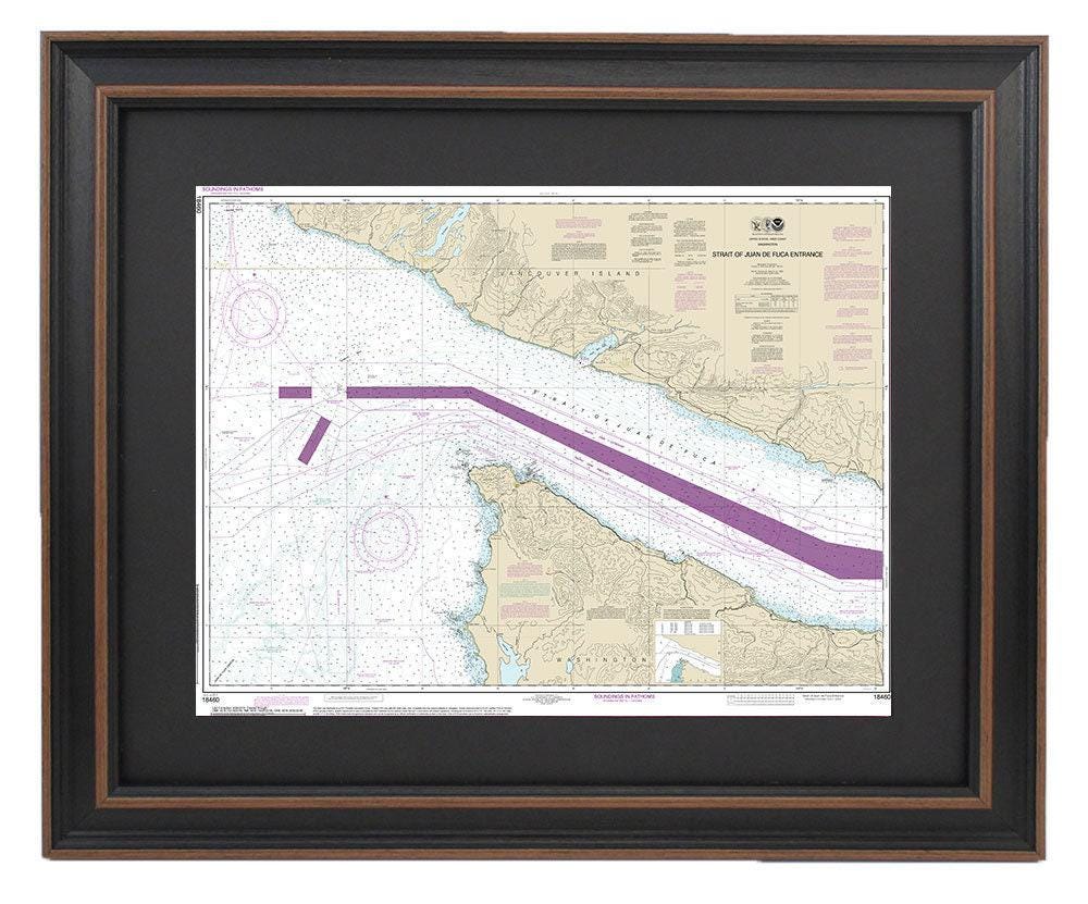 Framed Nautical Chart 18460 - Strait of Juan de Fuca Entrance. NOAA 18460. Handmade in the USA.