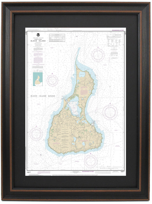 Framed Nautical Chart 13217 - Block Island. NOAA 13217. Handmade in the USA.