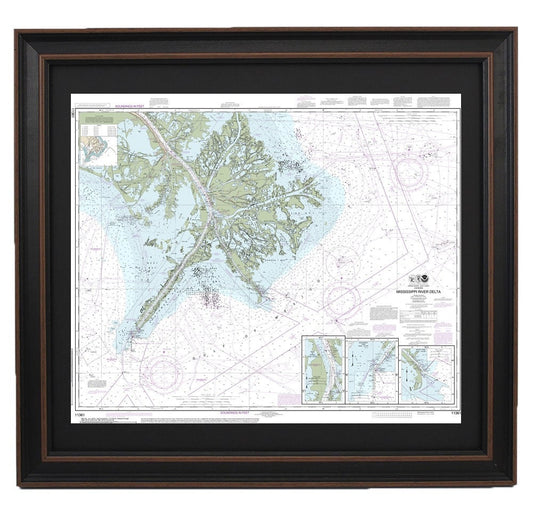 Framed Nautical Chart 11361 - Mississippi River Delta. NOAA 11361. Handmade in the USA.