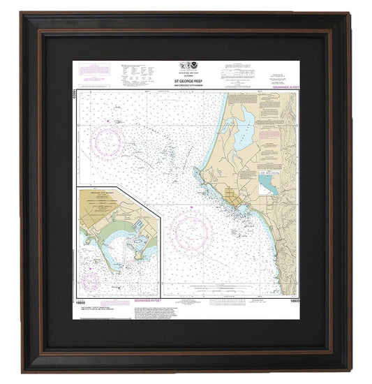 Framed Nautical Chart 18603 - St. George Reef and Crescent City Harbor. NOAA 18603. Handmade in the USA.