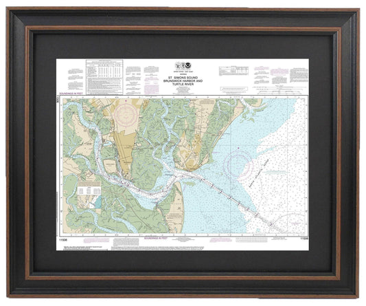 Framed Nautical Chart 11506 - St. Simons Sound, Brunswick Harbor and Turtle River. NOAA 11506. Handmade in the USA.