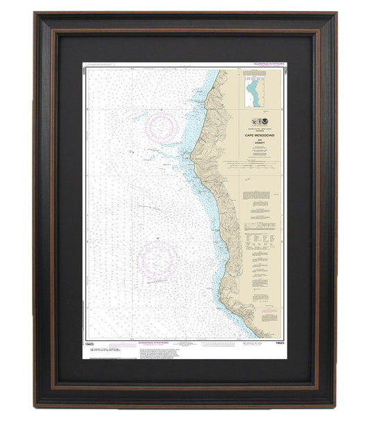Framed Nautical Chart 18623 - Cape Mendocino and Vicinity. NOAA 18623. Handmade in the USA.