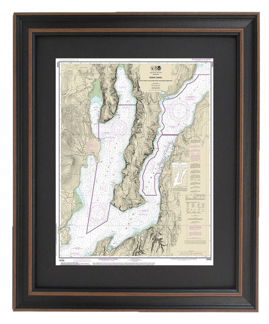 Framed Nautical Chart 18458 - Hood Canal. South Point to Quatsap Point including Dabob Bay. NOAA 18458 Handmade in the USA.