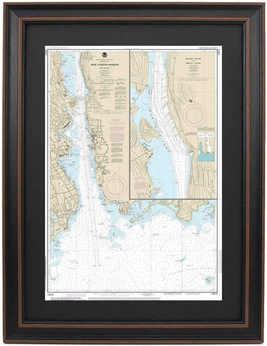 Framed Nautical Chart 13213 - New London Harbor. NOAA 13213. Handmade in the USA.