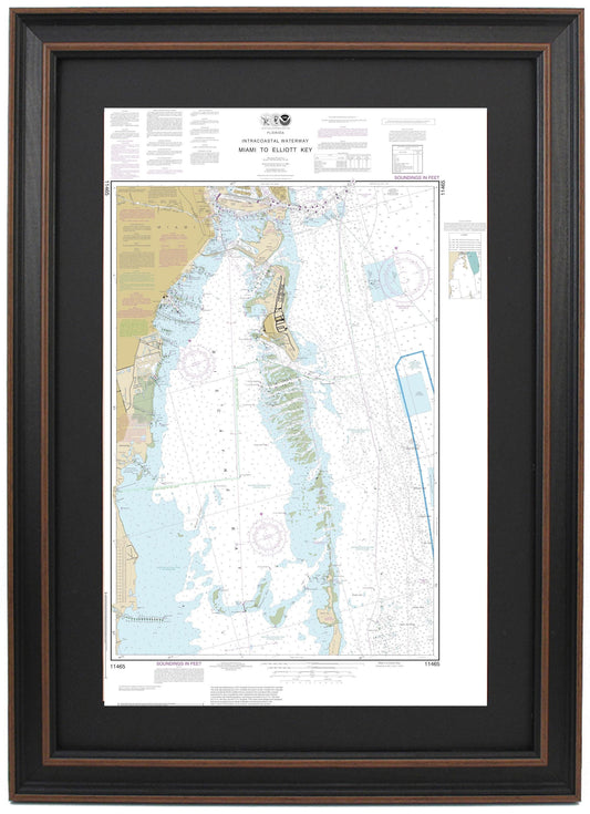Framed Nautical Chart 11465 - Intracoastal Waterway. Miami to Elliott Key. NOAA 11465. Handmade in the USA.