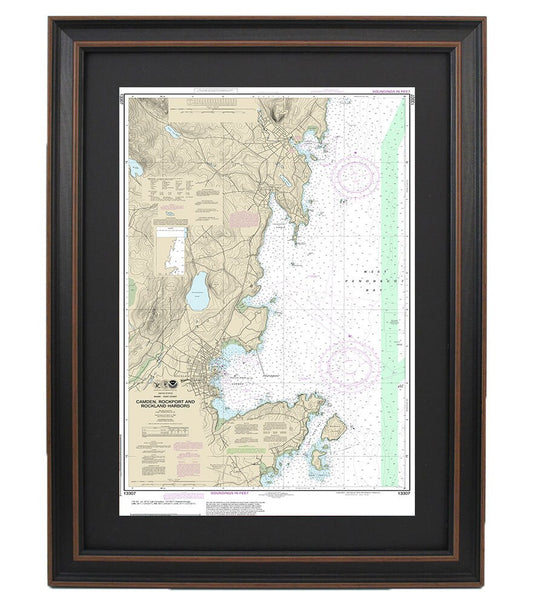 Framed Nautical Chart 13307 - Camden, Rockport and Rockland Harbors. NOAA 13307. Handmade in the USA.