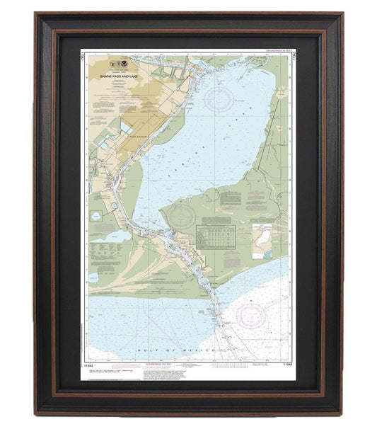 Framed Nautical Chart 11342 - Sabine Pass and Lake. NOAA 11342. Handmade in the USA.