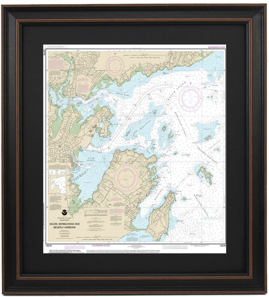 Framed Nautical Chart 13276 - Salem, Marblehead, and Beverly Harbors. NOAA 13276. Handmade in the USA.
