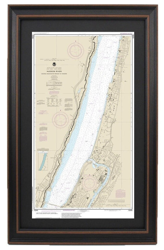 Framed Nautical Chart 12345 - Hudson River, NY. George Washington Bridge to Yonkers. NOAA 12345. Handmade in the USA.