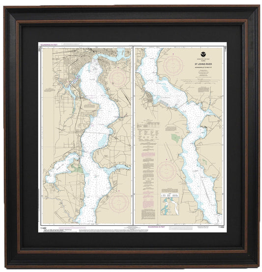 Framed Nautical Chart 11492 - St. Johns River. Jacksonville to Racy Point. NOAA 11492. Handmade in the USA.
