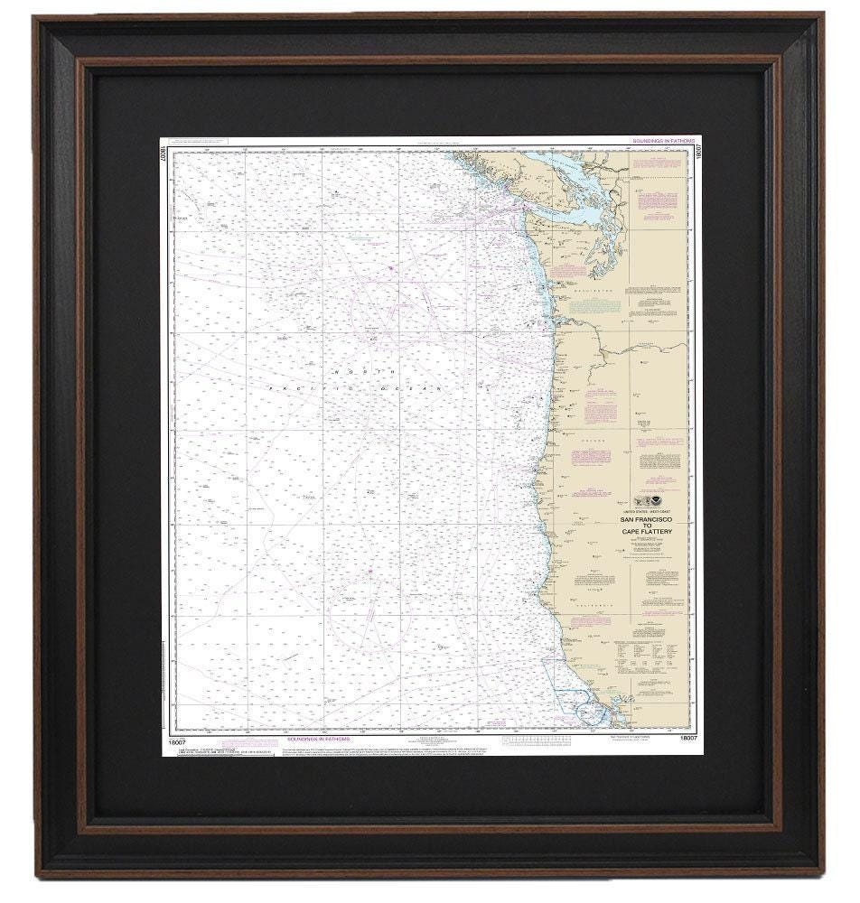 Framed Nautical Chart 18007 - San Francisco to Cape Flattery. NOAA 18007. Handmade in the USA.
