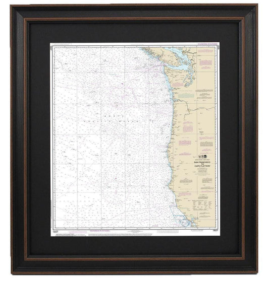 Framed Nautical Chart 18007 - San Francisco to Cape Flattery. NOAA 18007. Handmade in the USA.