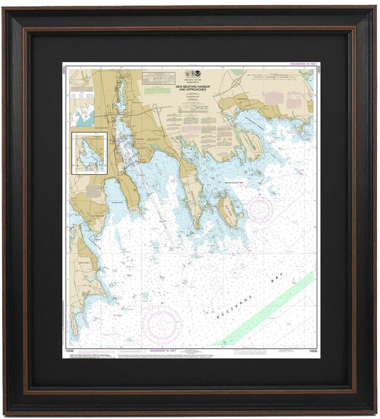 Framed Nautical Chart 13232 - New Bedford Harbor. NOAA 13232. Handmade in the USA.