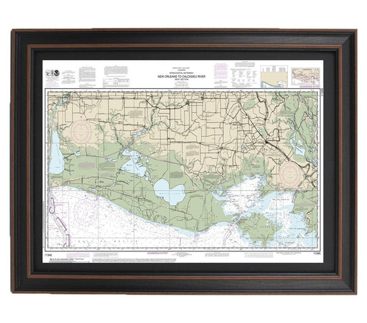 Framed Nautical Chart 11345 - New Orleans to Calcasieu River. NOAA 11345. Handmade in the USA.
