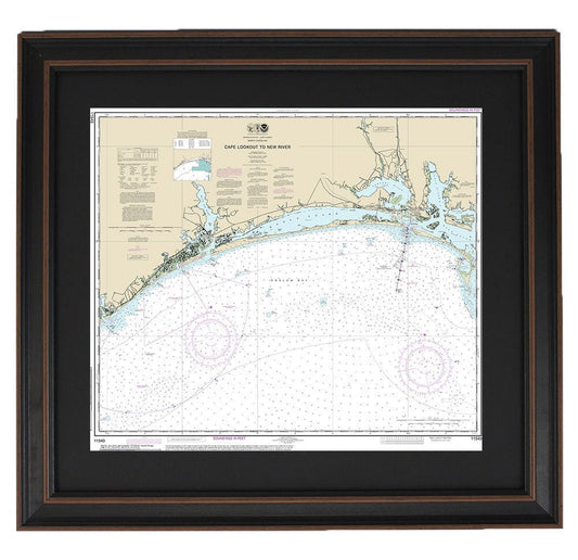 Framed Nautical Chart 11543 - Outer Banks, Cape Lookout to New River. NOAA 11543. Handmade in the USA.