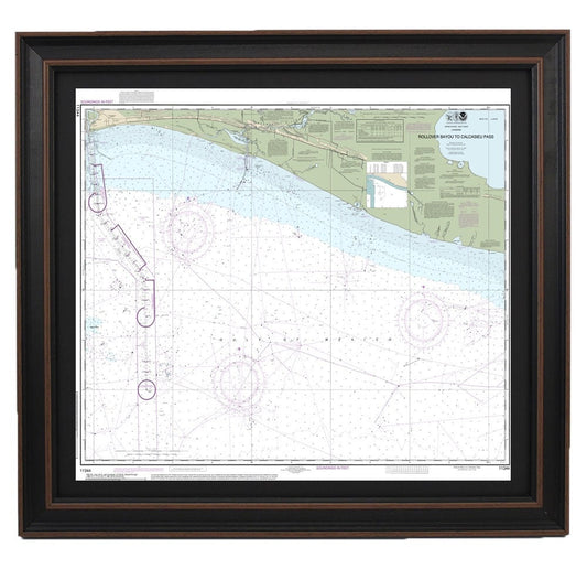 Framed Nautical Chart 11344 - Rollover Bayou to Calcasieu Pass. NOAA 11344. Handmade in the USA.