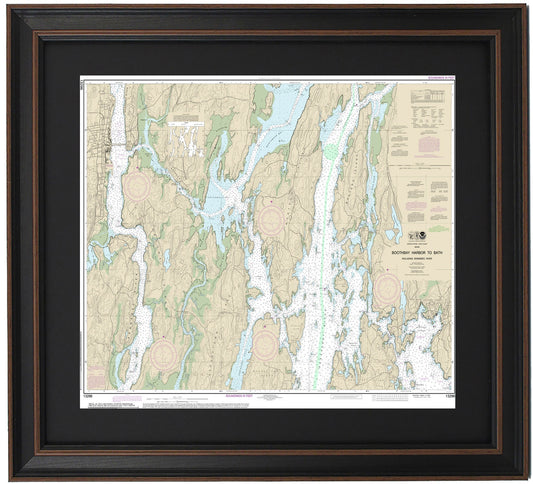 Framed Nautical Chart 13296 - Boothbay Harbor to Bath, Maine. NOAA 13296. Handmade in the USA.