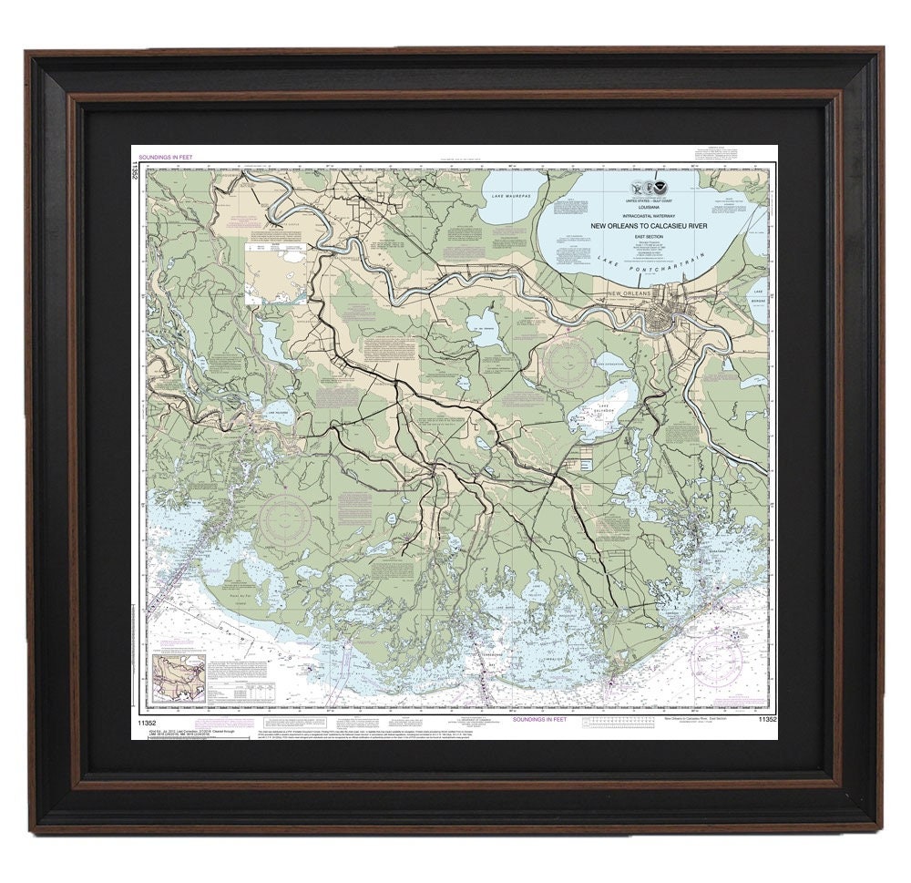 Framed Nautical Chart 11352 - New Orleans to Calcasieu River East Section. NOAA 11352. Handmade in the USA.