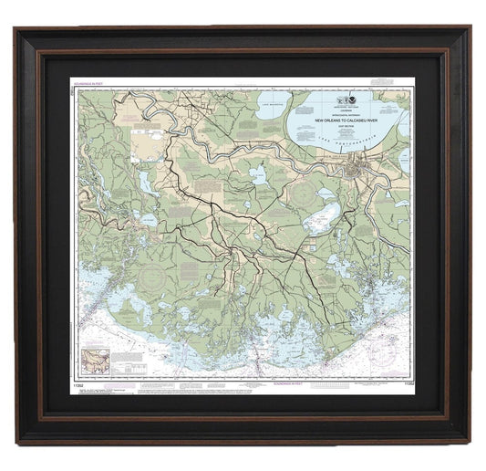 Framed Nautical Chart 11352 - New Orleans to Calcasieu River East Section. NOAA 11352. Handmade in the USA.