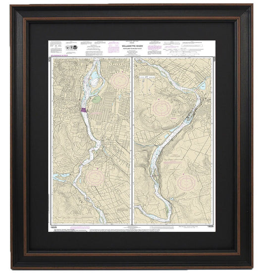 Framed Nautical Chart 18528 - Willamette River. Portland to Walnut Eddy. NOAA 18528. Handmade in the USA.