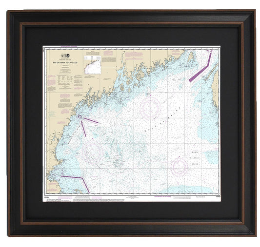Framed Nautical Chart 13260 - Bay of Fundy to Cape Cod. NOAA 13260. Handmade in the USA.
