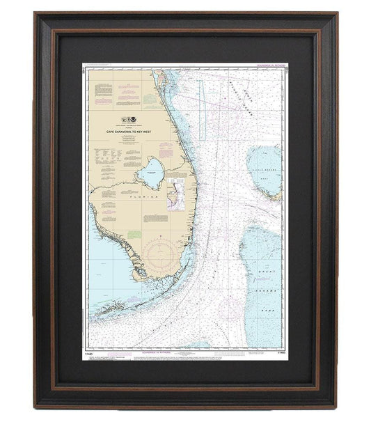 Framed Nautical Chart 11460 - Cape Canaveral to Key West. NOAA 11460. Handmade in the USA.