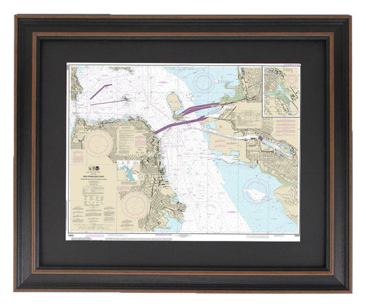Framed Nautical Chart 18650 - San Francisco Bay Candlestick Point to Angel Island. NOAA 18650. Handmade in the USA.