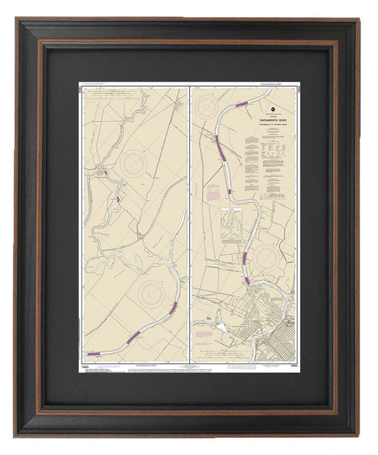 Framed Nautical Chart 18664 - Sacramento River. Sacramento to Fourmile Bend. NOAA 18664. Handmade in the USA.
