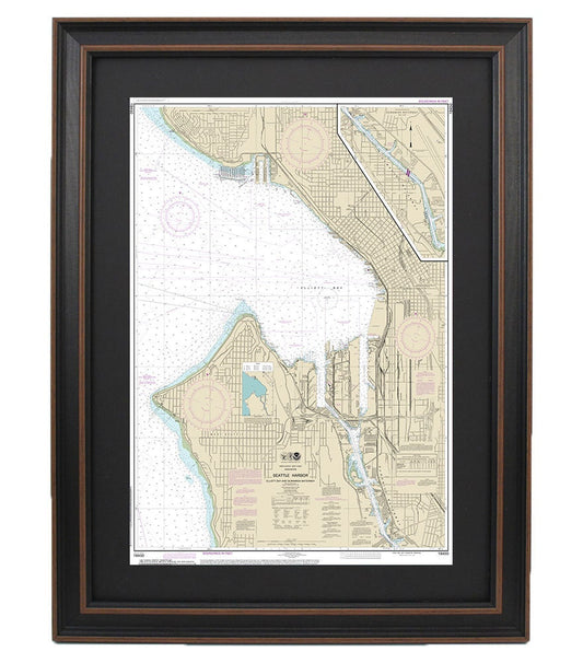 Framed Nautical Chart 18450 - Seattle Harbor. NOAA 18450. Handmade in the USA.