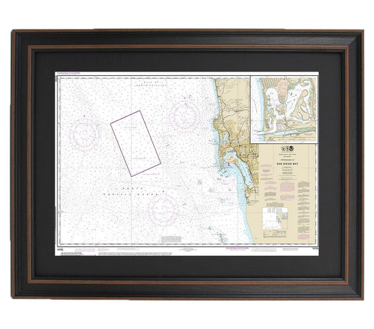 Framed Nautical Chart 18765 - Approaches to San Diego Bay. Mission Bay. NOAA 18765. Handmade in the USA.