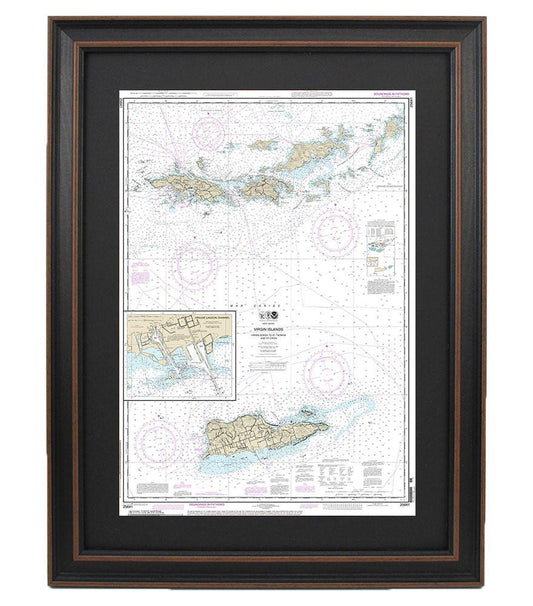 Framed Nautical Chart 25641 - Virgin Islands, Virgin Gorda to St. Thomas and St. Croix. Krause Lagoon Channel. NOAA 25641.