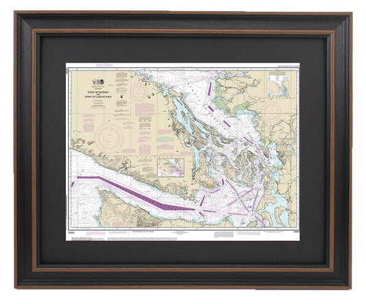 Framed Nautical Chart 18400 - Strait of Georgia and Strait of Juan de Fuca. NOAA 18400. Handmade in the USA.