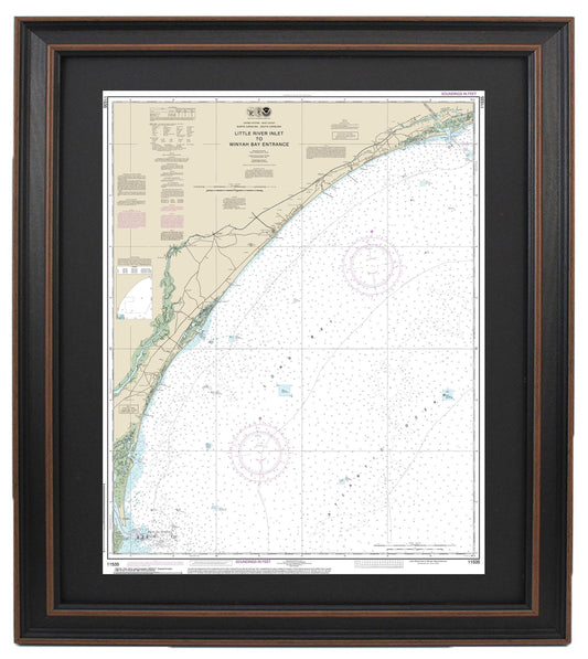 Framed Nautical Chart 11535 - Little River Inlet to Winyah Bay Entrance. NOAA 11535. Handmade in the USA.