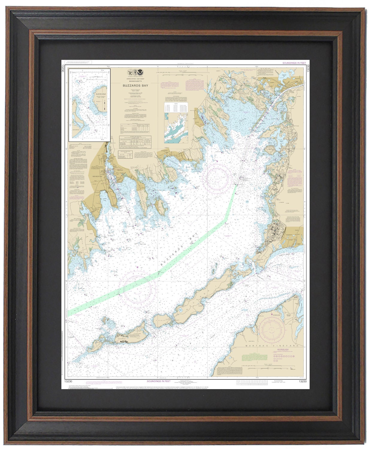 Framed Nautical Chart 13230 - Buzzards Bay, MA. NOAA 13230. Handmade in the USA.