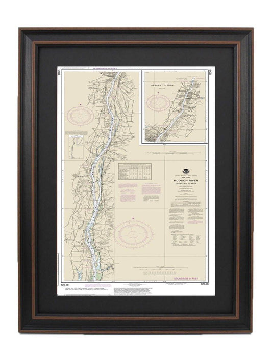 Framed Nautical Chart 12348 - Hudson River Coxsackie to Troy. NOAA 12348. Handmade in the USA.