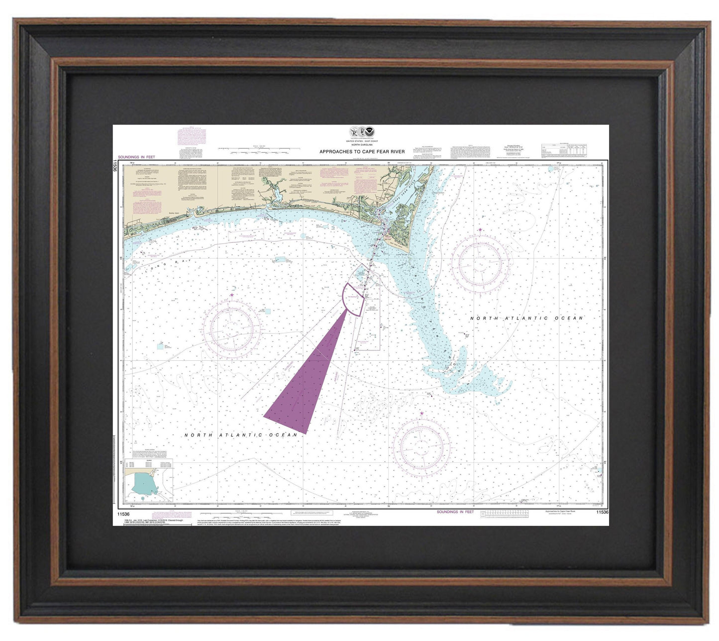 Framed Nautical Chart 11536 - Approaches to Cape Fear River. NOAA 11536. Handmade in the USA.