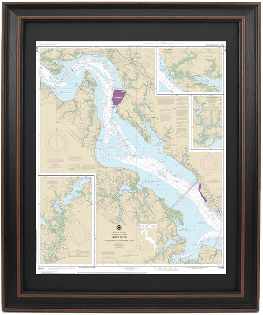 Framed Nautical Chart 12248 - James River, Newport News to Jamestown Island, NOAA 12248. Handmade in the USA.
