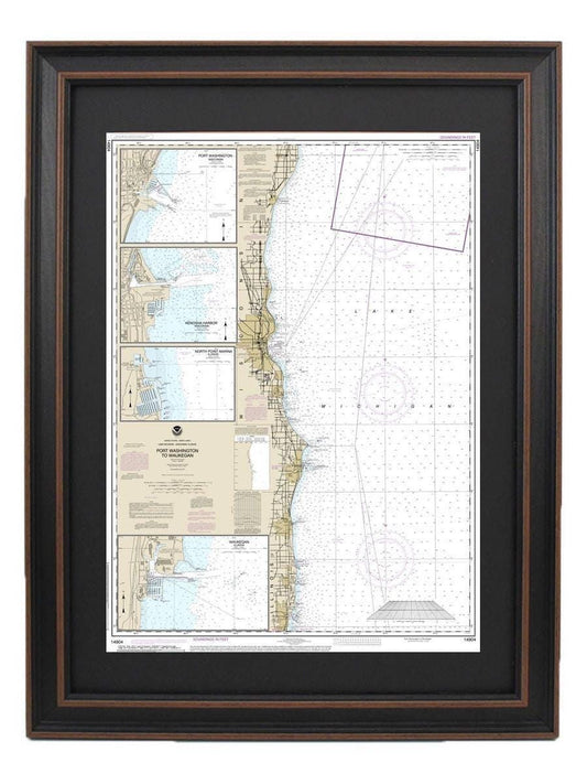 Framed Nautical Chart 14904 - Lake Michigan Port Washington to Waukegan. NOAA 14904. Handmade in the USA.