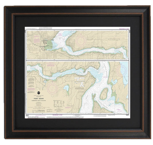 Framed Nautical Chart 18457 - Puget Sound, Hammersley Inlet to Shelton. NOAA 18457. Handmade in the USA.