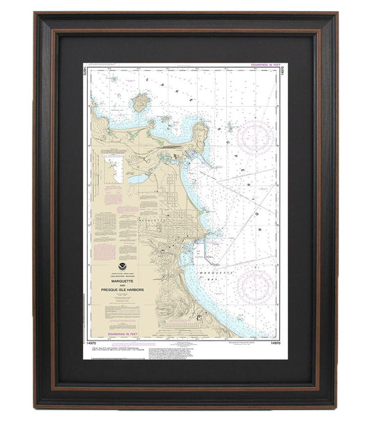 Framed Nautical Chart 14970 - Marquette and Presque Isle Harbors. NOAA 14970. Handmade in the USA.