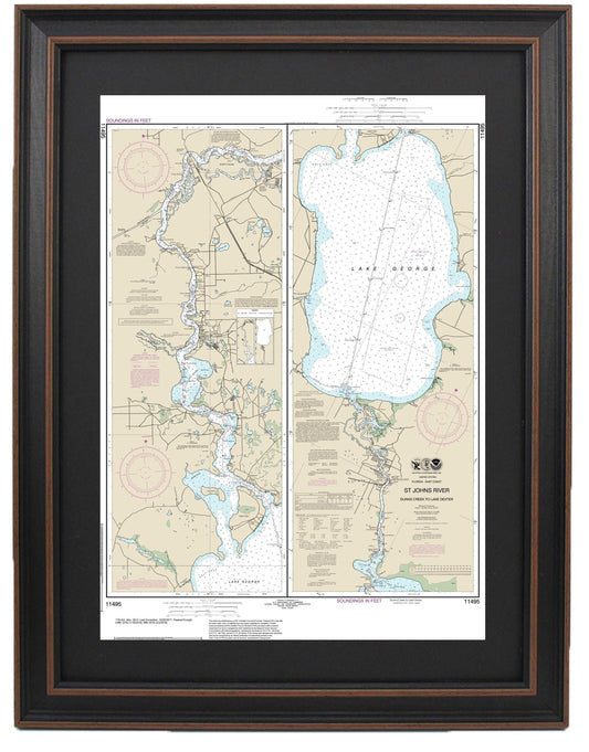 Framed Nautical Chart 11495 - St. Johns River. Dunns Creek to Lake Dexter. NOAA 11495. Handmade in the USA.