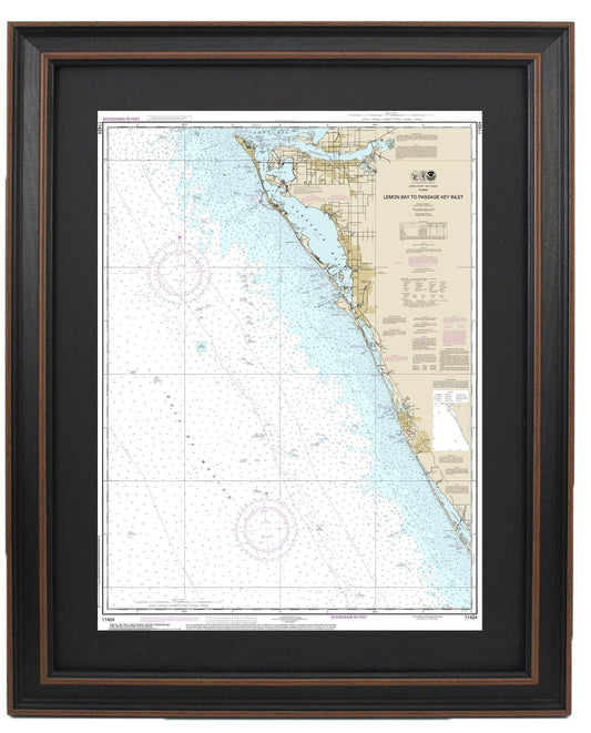 Framed Nautical Chart 11424 - Lemon Bay to Passage Key Inlet. NOAA 11424. Handmade in the USA.