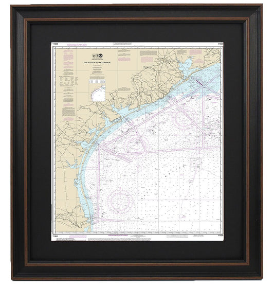 Framed Nautical Chart 11300 - Galveston to Rio Grande. NOAA 11300. Handmade in the USA.