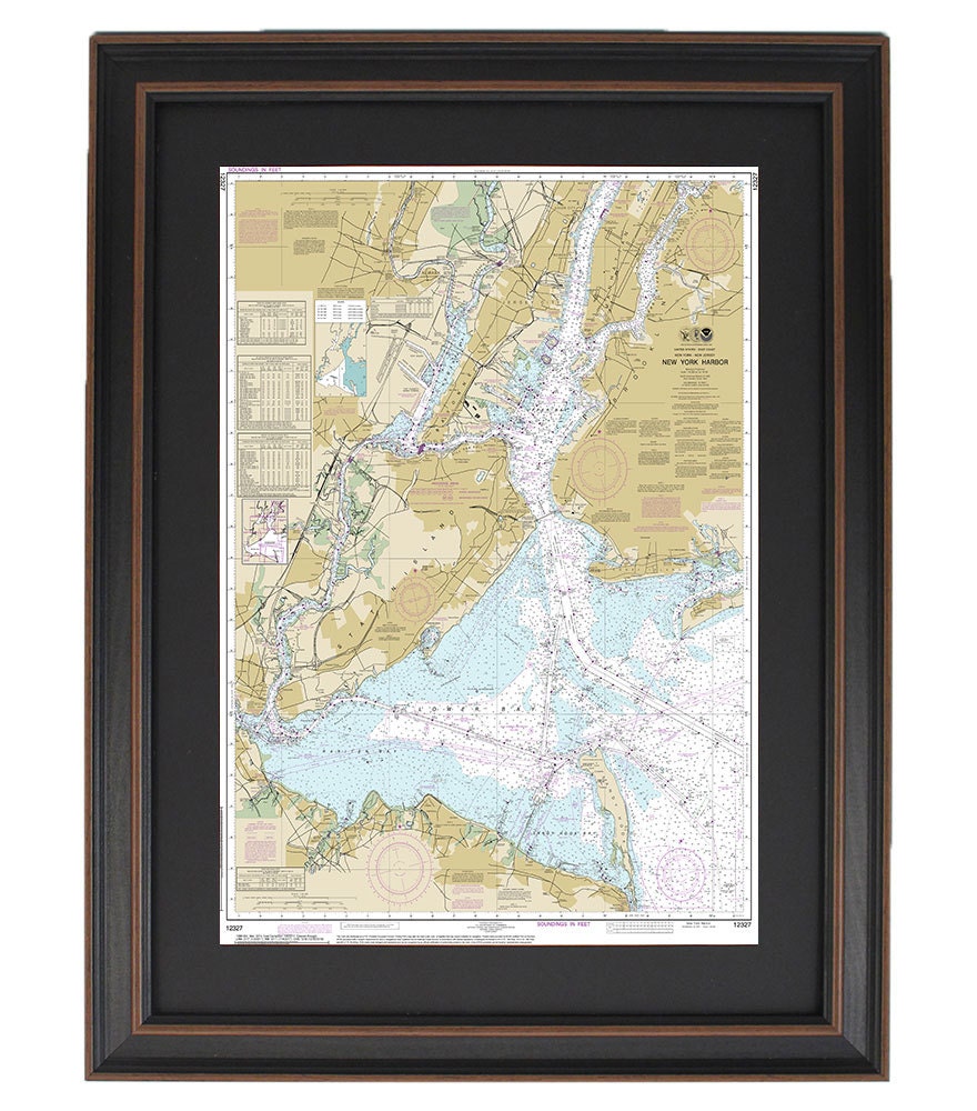 Framed Nautical Chart 12327 - New York Harbor. NOAA 12327. Handmade in the USA.