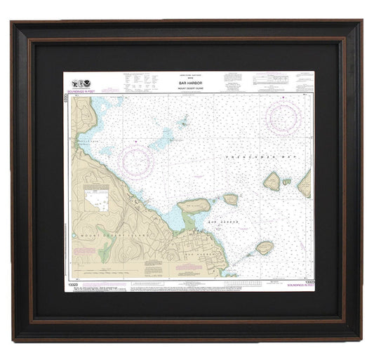 Framed Nautical Chart 13323 - Bar Harbor. Mount Desert Island. NOAA 13323. Handmade in the USA.