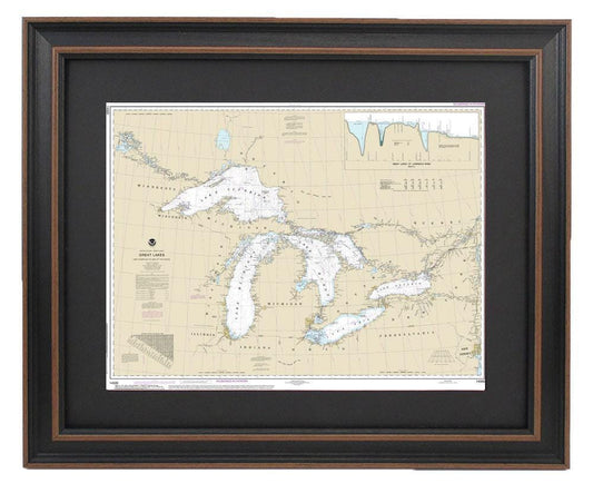 Framed Nautical Chart 14500 - Great Lakes, Lake Champlain to Lake of the Woods. NOAA 14500. Handmade in the USA.