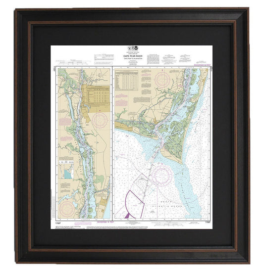 Framed Nautical Chart 11537 - Cape Fear River to Wilmington. NOAA 11537. Handmade in the USA.