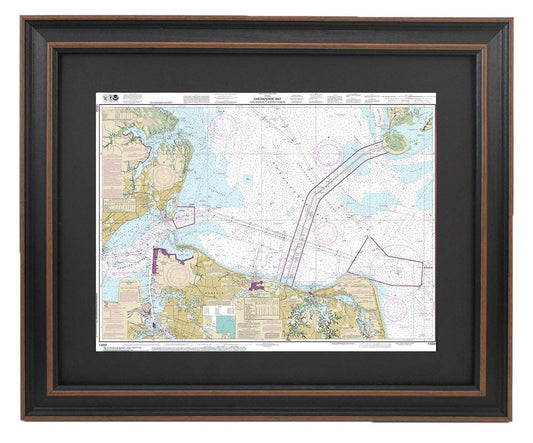 Framed Nautical Chart 12222 - Chesapeake Bay, Cape Charles to Norfolk Harbor, NOAA 12222. Handmade in the USA.