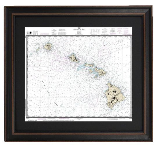 Framed Nautical Chart 19004 - Hawaiian Islands. NOAA 19004. Handmade in the USA.