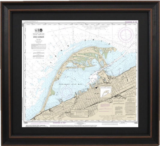 Framed Nautical Chart 14835 - Erie Harbor, Lake Erie, PA. NOAA 14835. Handmade in the USA.